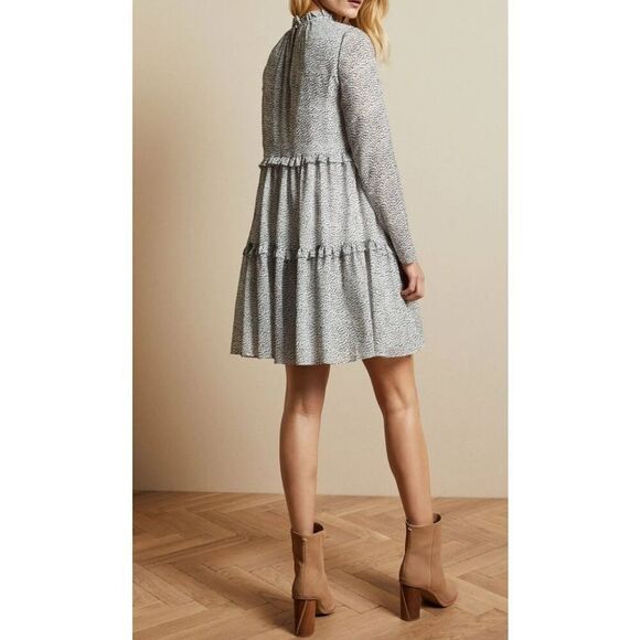 NWT Ted Baker Phenia Long Sleeve High Collar Flocked Spot Mini Dress Sz 1 (4US) - Picture 2 of 12